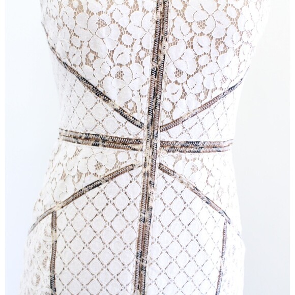 BCBG Max Azria Andreea Ivory Block Lace Illusion Cheetah Trim Sheath Dress Sz 6 - Picture 5 of 11